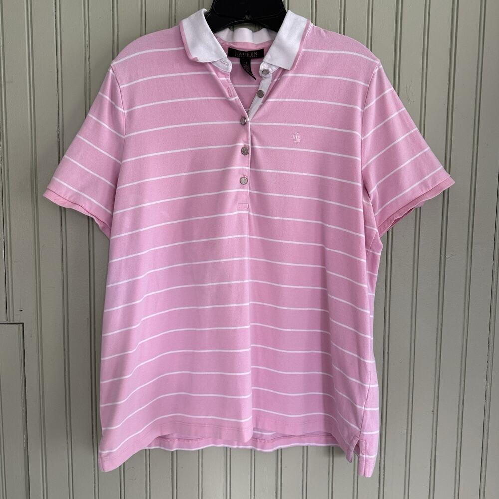 Lauren Ralph Lauren Women Plus 1X Pink White Striped Short Sleeve Polo Shirt LRL